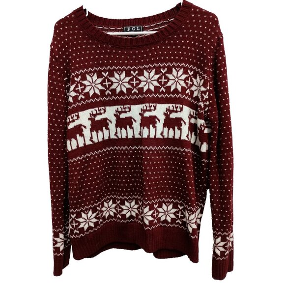 POL Sweaters - POL Womens Christmas Sweater‎ Size Large Red White Fair Isle Nordic Pullover